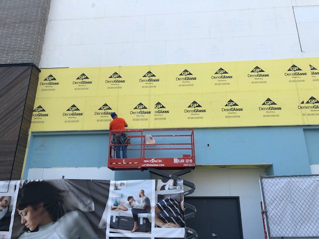 Photo of adjacent tenants…yellow DensGlass sheathing is a different renovation…the Arhaus
renovation was occurring ABOVE this area - Courtesy of
Brookwood Builders Inc