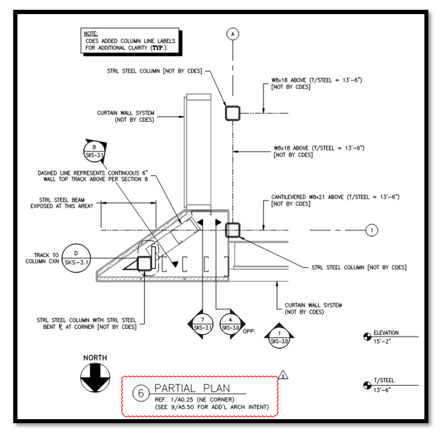 Partial sections from cold-formed shop drawings, illustrating the additional area needed to stabilize the framing.