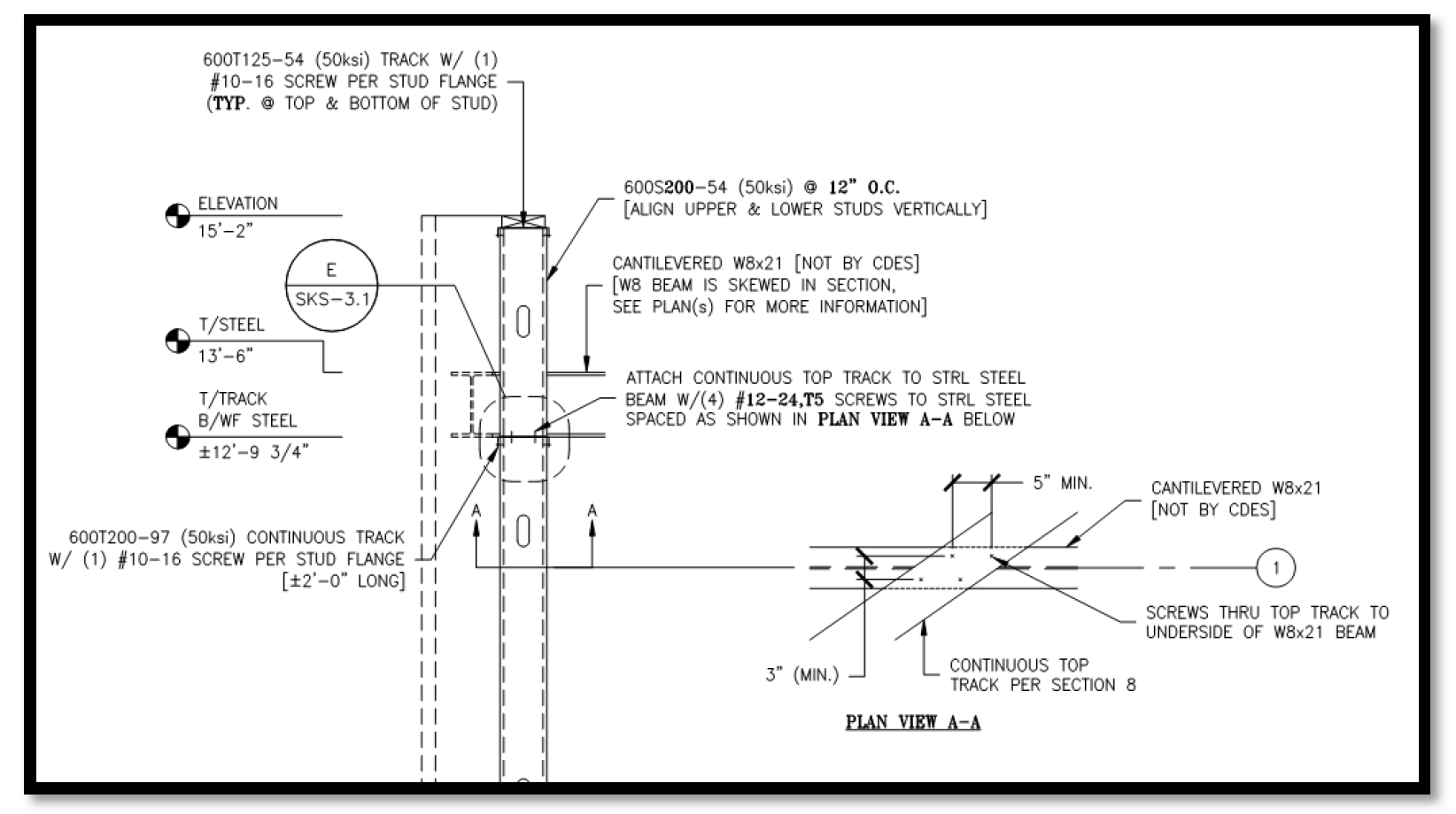 Partial sections from cold-formed shop drawings, illustrating the additional area needed to stabilize the framing.