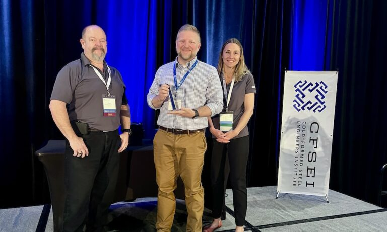 John Parish (center) of Excel Engineering accepts the CFSEI Design Excellence Second Place award, Residential/Hospitality category presented by CFSEI’s Immediate Past Chair Dana Hennis and Chair Tammy Gleed. John Parish (center) of Excel Engineering accepts the CFSEI Design Excellence Second Place award, Residential/Hospitality category presented by CFSEI’s Immediate Past Chair Dana Hennis and Chair Tammy Gleed.