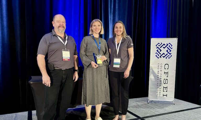 Alyssa Pease (center) of raSmith accepts the CFSEI Design Excellence Third Place award, Commercial category presented by CFSEI’s Immediate Past Chair Dana Hennis and Chair Tammy Gleed. Alyssa Pease (center) of raSmith accepts the CFSEI Design Excellence Third Place award, Commercial category presented by CFSEI’s Immediate Past Chair Dana Hennis and Chair Tammy Gleed.