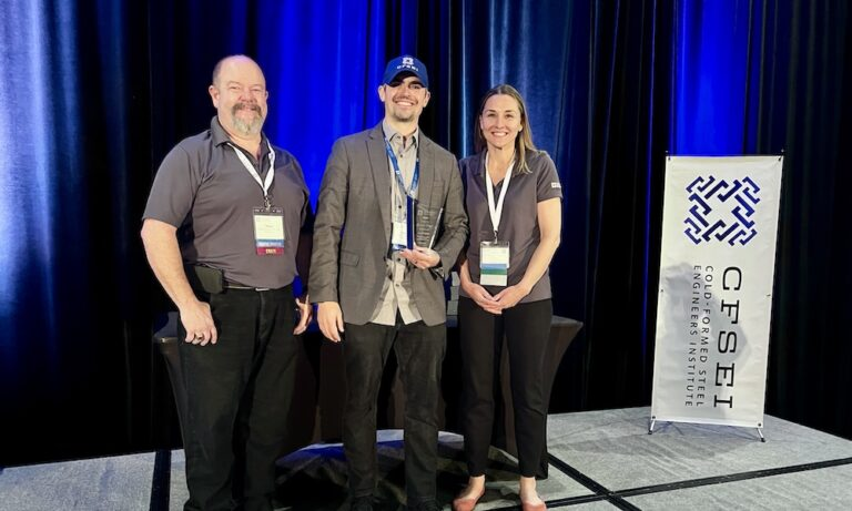 Daniel Stadig (center) of Salas O’Brien accepts the CFSEI Creative Detail Second Place award presented by CFSEI’s Immediate Past Chair Dana Hennis and Chair Tammy Gleed. Daniel Stadig (center) of Salas O’Brien accepts the CFSEI Creative Detail Second Place award presented by CFSEI’s Immediate Past Chair Dana Hennis and Chair Tammy Gleed.