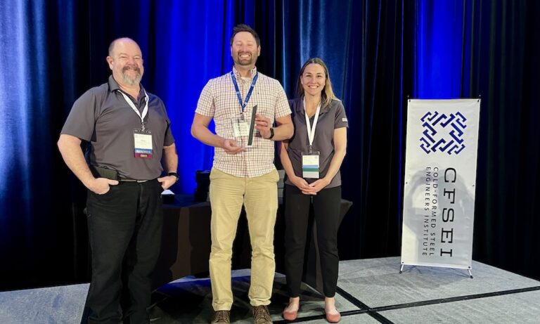 Ryan Georg (center) of Excel Engineering accepts the CFSEI Creative Detail First Place award presented by CFSEI’s Immediate Past Chair Dana Hennis and Chair Tammy Gleed. Ryan Georg (center) of Excel Engineering accepts the CFSEI Creative Detail First Place award presented by CFSEI’s Immediate Past Chair Dana Hennis and Chair Tammy Gleed.