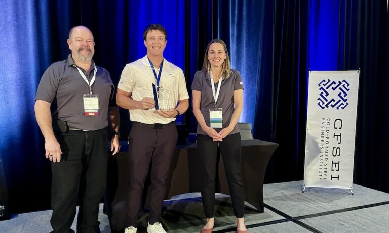 Daniel Linneman (center) of McClure accepts the CFSEI Design Excellence Third Place award, Residential/Hospitality category presented by CFSEI’s Immediate Past Chair Dana Hennis and Chair Tammy Gleed. Daniel Linneman (center) of McClure accepts the CFSEI Design Excellence Third Place award, Residential/Hospitality category presented by CFSEI’s Immediate Past Chair Dana Hennis and Chair Tammy Gleed.