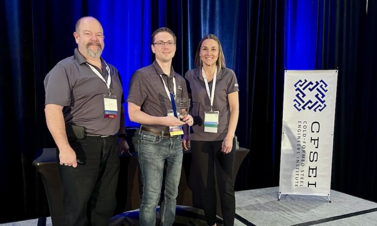 Josh Garton (center) of McClure accepts the CFSEI Design Excellence Second Place award, Commercial category presented by CFSEI’s Immediate Past Chair Dana Hennis and Chair Tammy Gleed. Josh Garton (center) of McClure accepts the CFSEI Design Excellence Second Place award, Commercial category presented by CFSEI’s Immediate Past Chair Dana Hennis and Chair Tammy Gleed.