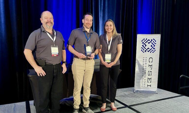 Andrew Newland (center) of SFIA member ADTEK Engineers accepts the CFSEI Creative Detail Third Place presented by CFSEI’s Immediate Past Chair Dana Hennis and Chair Tammy Gleed. Andrew Newland (center) of SFIA member ADTEK Engineers accepts the CFSEI Creative Detail Third Place presented by CFSEI’s Immediate Past Chair Dana Hennis and Chair Tammy Gleed.