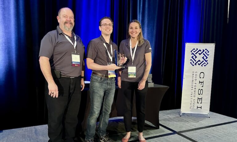 Josh Garton (center) of McClure accepts the CFSEI Design Excellence Second Place award, Municipal category presented by CFSEI’s Immediate Past Chair Dana Hennis and Chair Tammy Gleed. Josh Garton (center) of McClure accepts the CFSEI Design Excellence Second Place award, Municipal category presented by CFSEI’s Immediate Past Chair Dana Hennis and Chair Tammy Gleed.