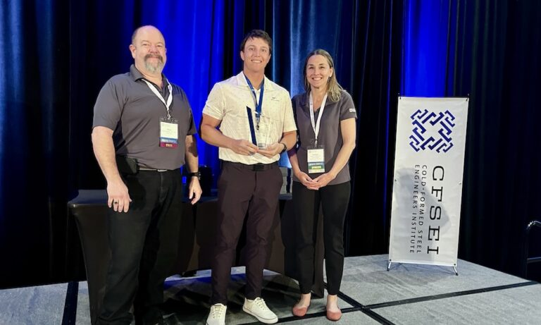 Daniel Linneman (center) of McClure accepts the CFSEI Design Excellence First Place award, Municipal category presented by CFSEI’s Immediate Past Chair Dana Hennis and Chair Tammy Gleed. Daniel Linneman (center) of McClure accepts the CFSEI Design Excellence First Place award, Municipal category presented by CFSEI’s Immediate Past Chair Dana Hennis and Chair Tammy Gleed.