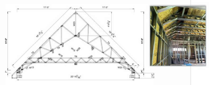 Structural Drawing & Photo of Scissor Truss - Courtesy of NZD Studio & Steel-IQ respectively