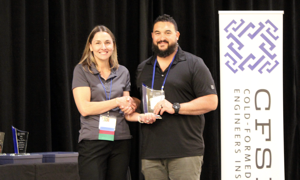 Derrick Suarez, P.E., Lochsa Engineering, LLC Accepts the CFSEI Design Excellence First Place Award, Municipal Category Presented by Tammy Gleed, P.E., CFSEI Immediate Past Chair Derrick Suarez, P.E., Lochsa Engineering, LLC Accepts the CFSEI Design Excellence First Place Award, Municipal Category Presented by Tammy Gleed, P.E., CFSEI Immediate Past Chair