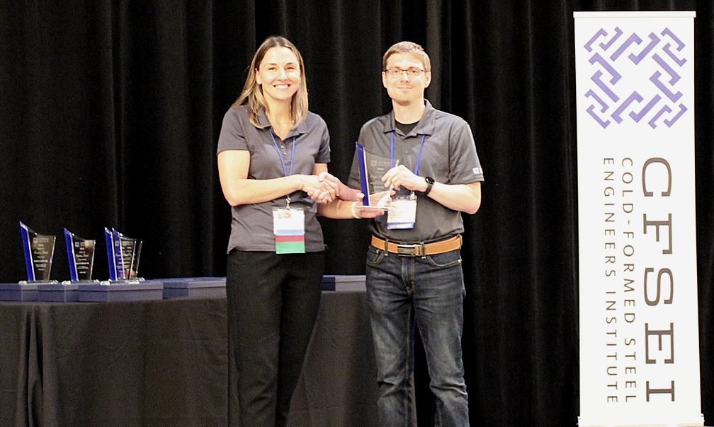 Josh Garton, P.E., S.E., McClure Accepts the CFSEI Design Excellence First Place Award, Residential/Hospitality Category Presented by Tammy Gleed, P.E., CFSEI Immediate Past Chair Josh Garton, P.E., S.E., McClure Accepts the CFSEI Design Excellence First Place Award, Residential/Hospitality Category Presented by Tammy Gleed, P.E., CFSEI Immediate Past Chair
