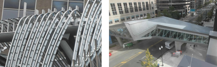 Left: Exterior Picture of Curved/Radius  Studs Bent to Different Radius | Right: Exterior Picture of Ballston Quarter  Pedestrian Walkway – Completed. | Photos courtesy of ADTEK Engineers, Inc.