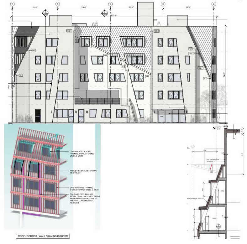 Architecture - two-dimensional and three-dimensional sloped exterior wall framing - Photo courtesy of ClarkDietrich Engineering Services, LLC